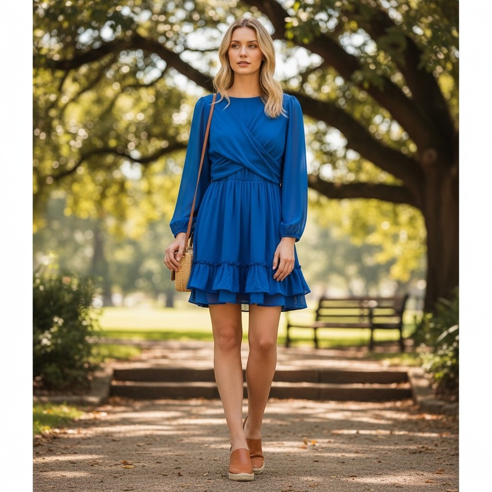 Milly Jackie Chiffon Dress Azure Blue Long Sleeve Ruffle Hem Mini 12 NEW $375